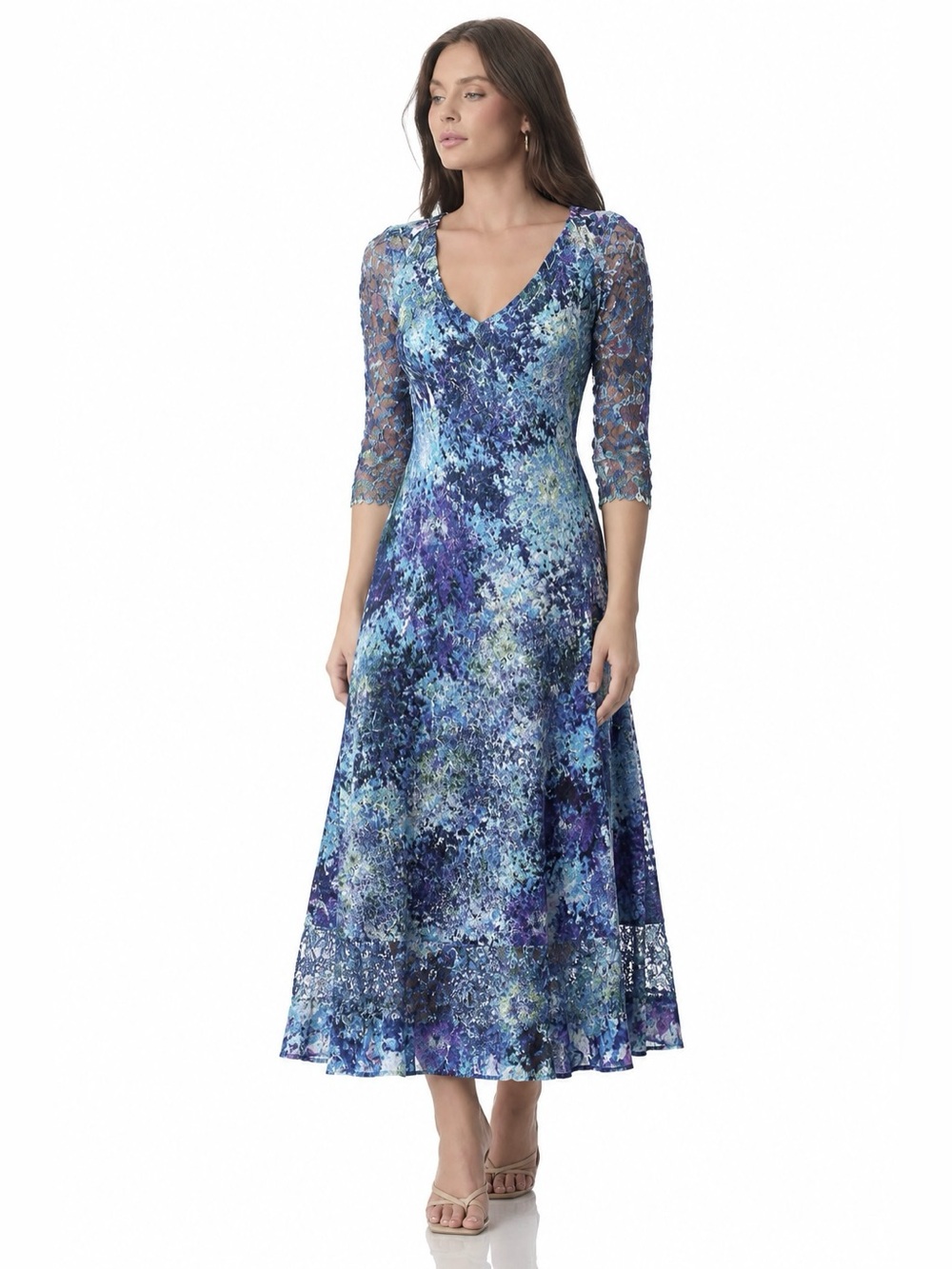 NWT Komarov Emma Blue Purple
Watercolor Mosaic Pleated V-Neck
Maxi Dress Size M